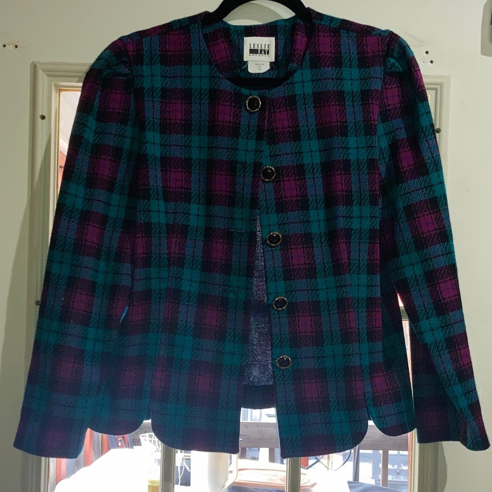 Leslie Fay Blue and Pink Plaid Blazer